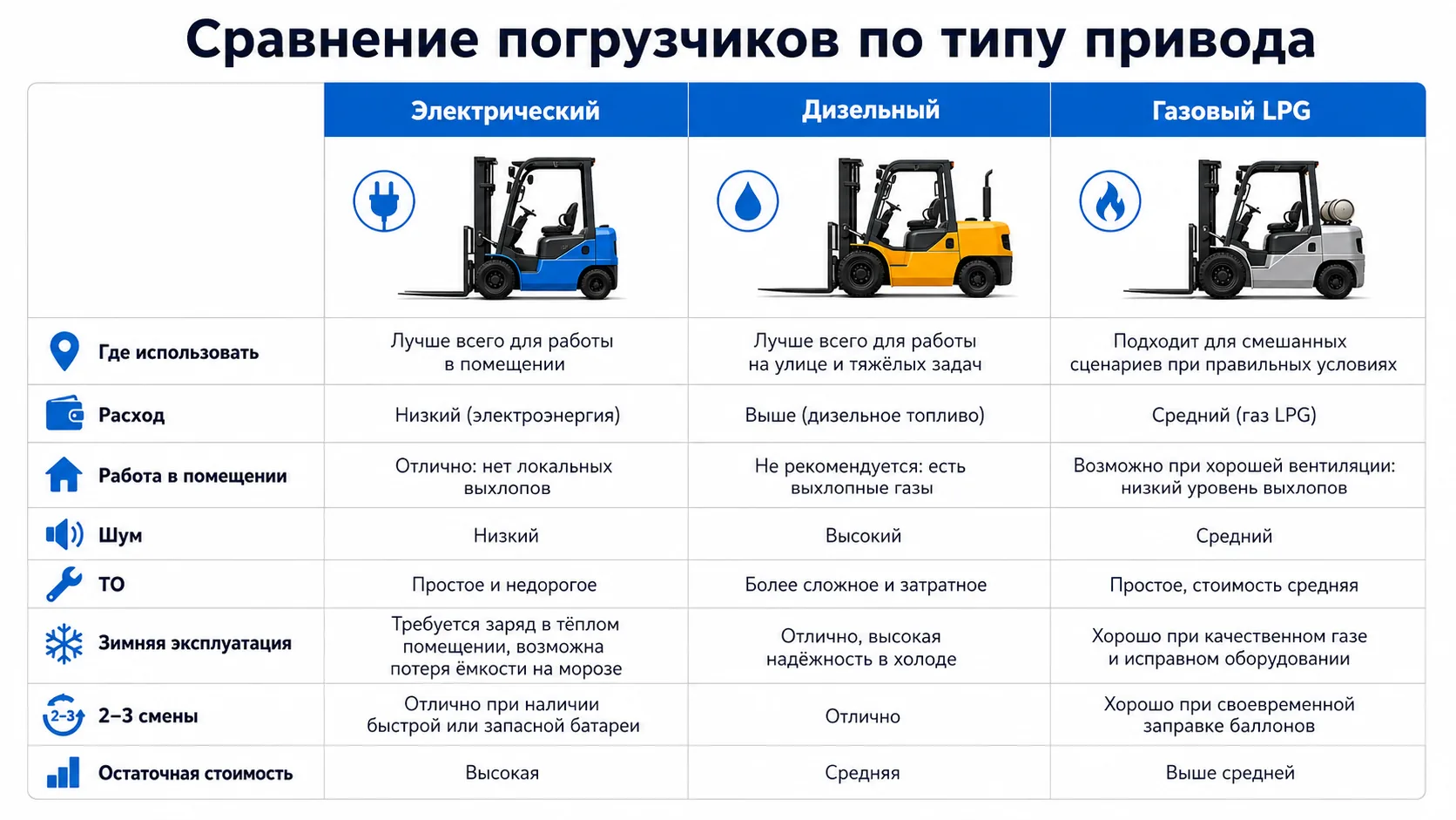Сравнение электрического, дизельного и газового погрузчиков по типу привода