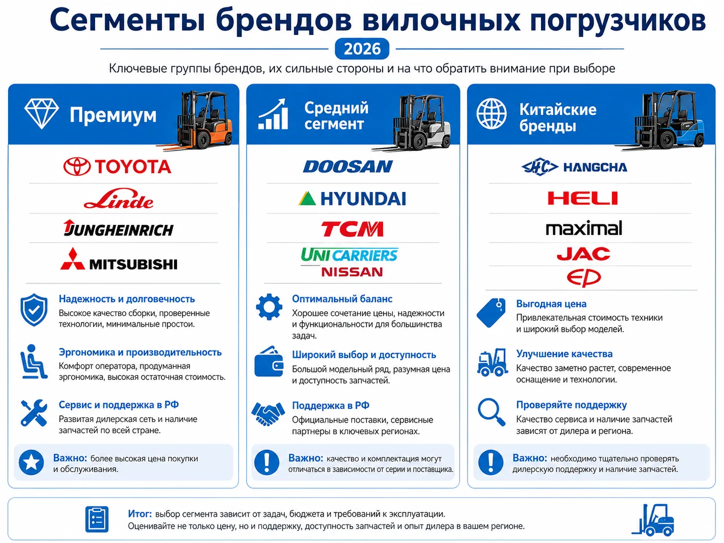 Сегменты брендов вилочных погрузчиков: премиум, средний и китайский
